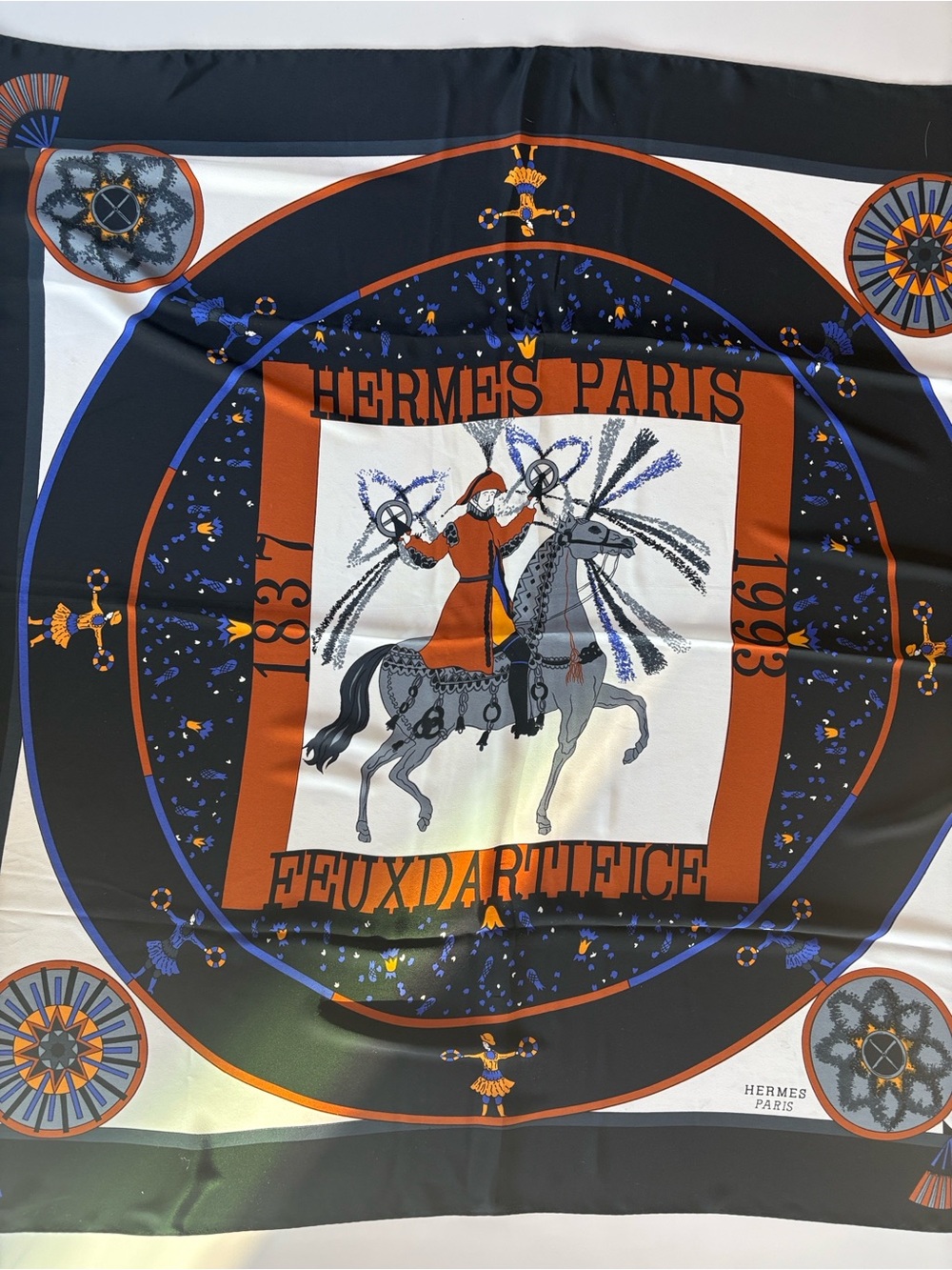 Hermes Paris Orange & Black Decorative Scarf